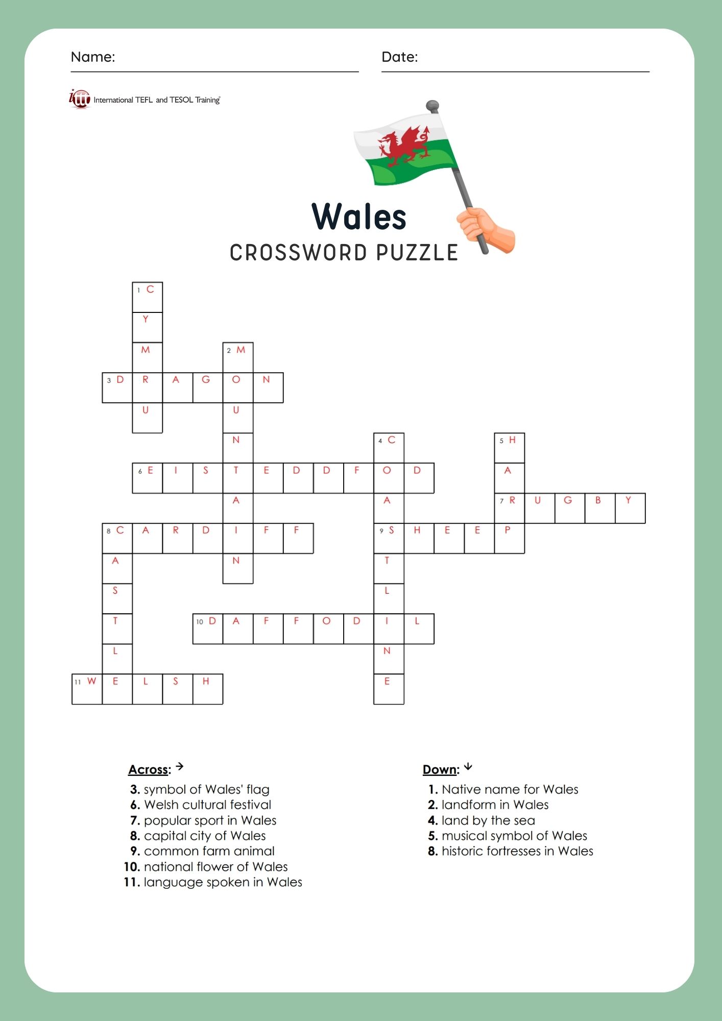 EFL Wales Vocabulary Crossword Puzzle ️ ️ ️ ITTT